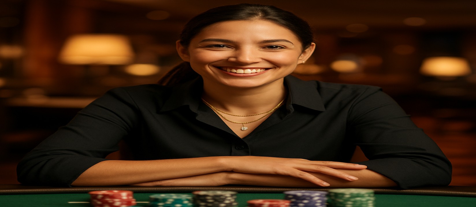 cb6 প্ল্যাটফর্মে একটি হাসিখুশি নারী খেলার টেবিলে বসে সামনে চিপ ও কার্ড রেখে বিস্তৃত খেলার সম্ভার প্রস্তাব করেন.