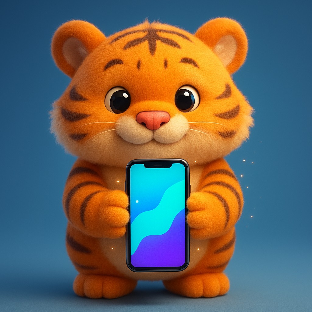 স্মার্টফোনে cb6 অ্যাপ চালাচ্ছে একটি কার্টুন বাঘশাবক