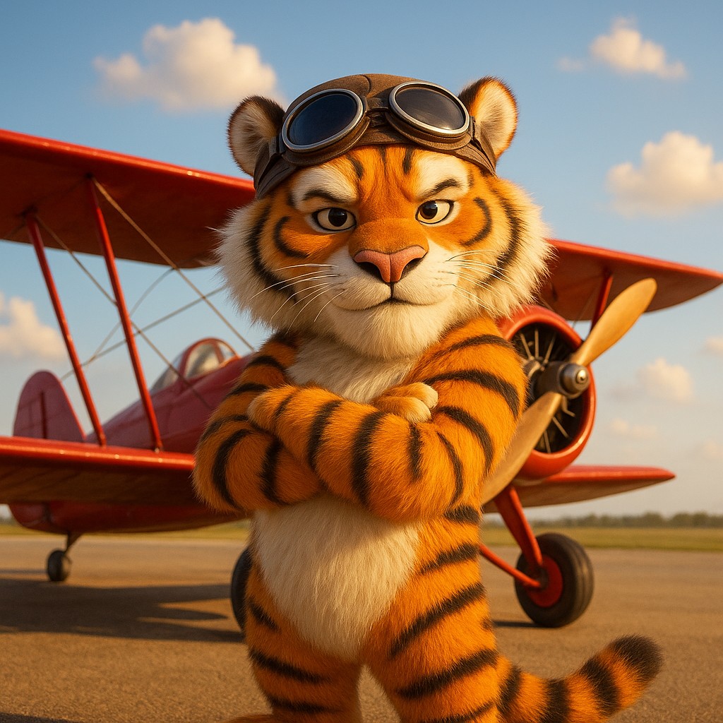 cb6-এর এভিয়েটর গেমের প্রতীক হিসেবে লাল বিমানের পাশে দাঁড়িয়ে থাকা টাইগার পাইলট