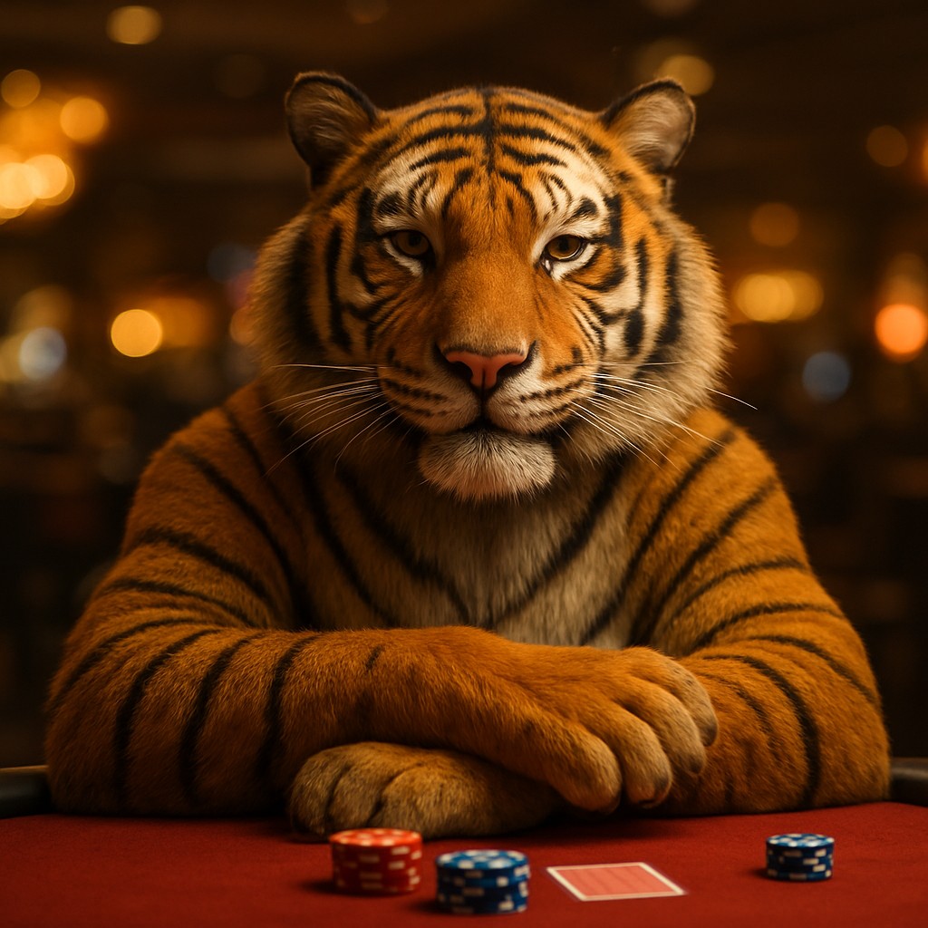 cb6 গেমিং প্ল্যাটফর্মে একটি হাসিখুশি টাইগার শাবক গেম টেবিলে বসে আছে