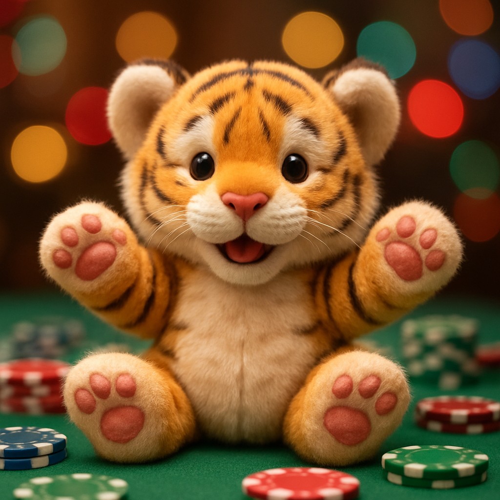 একটি ছোট বাঘের বাচ্চা একটি টেবিলে খেলার চিপগুলোর সাথে বসে আছে.