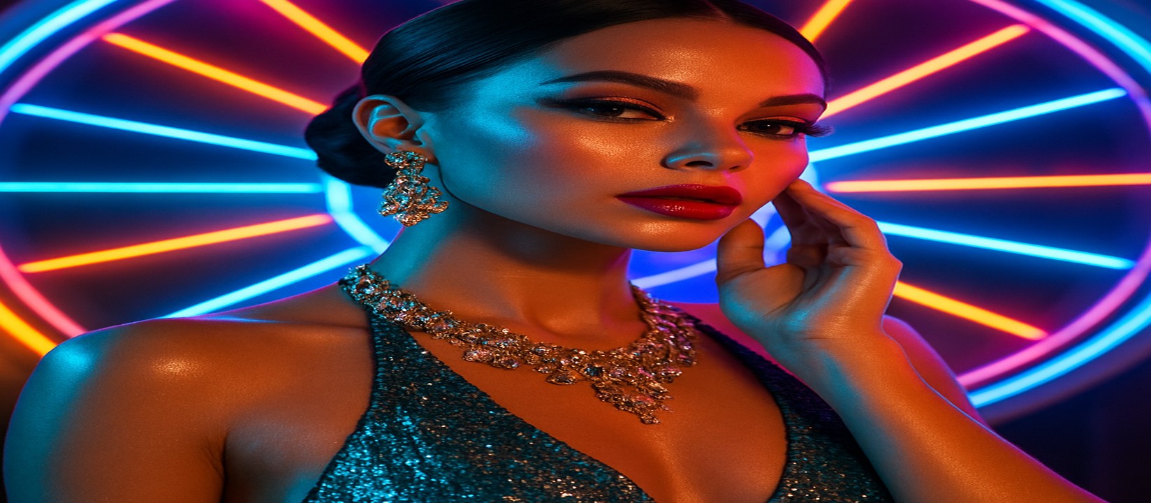 cb6 ব্র্যান্ডের রঙিন গেমিং প্ল্যাটফর্মের সামনে উজ্জ্বল পোশাকে একজন নারী