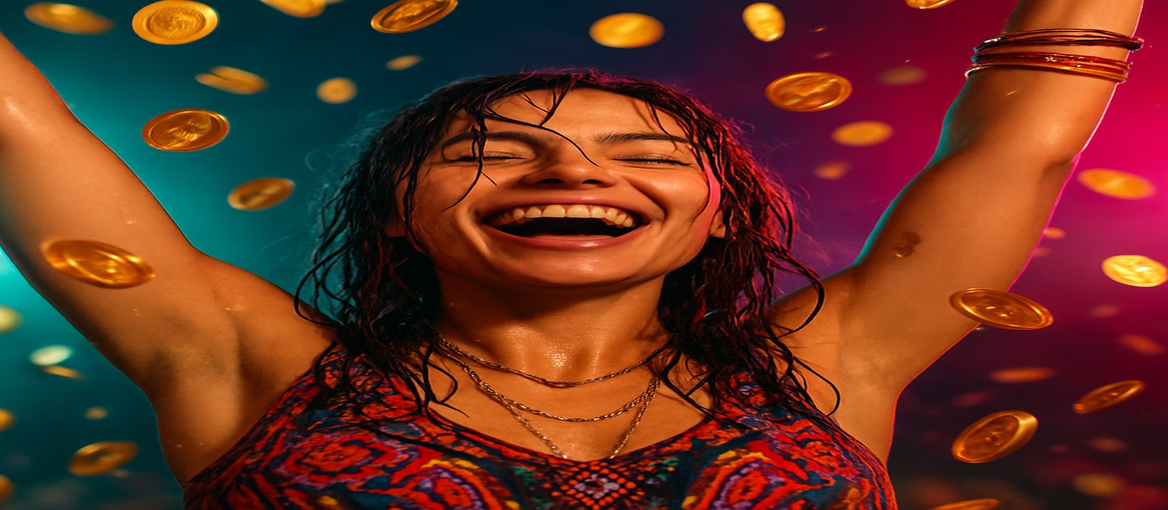 মুদ্রার ঝরনার মাঝে রঙিন পোশাকে এক নারী